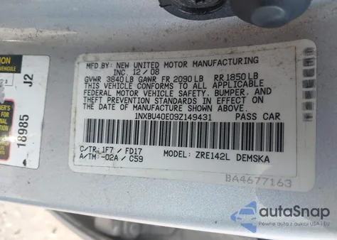 2009 Toyota Corolla S z USA, uszkodzony, nr VIN 1NXBU40E09Z149431